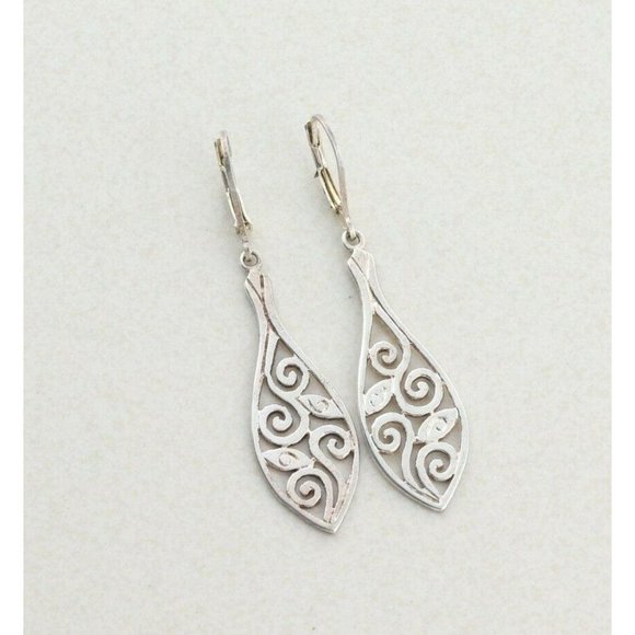 Sterling Silver Swirl Leaf Earrings Long Dangle Drop Earrings - Picture 4 of 7